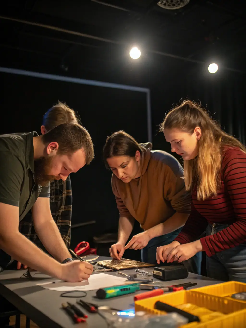 A photo of a group of volunteers working together on a set design project for an upcoming theatre performance.